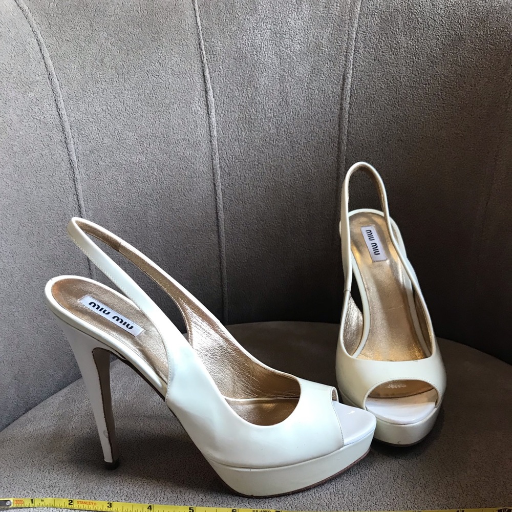 Miu Miu patent leather white sling backs